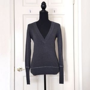NWT.Express Wool Rayon Nylon Long V-Neck Dark Grey w/Silver Sparkle Trim Sweater